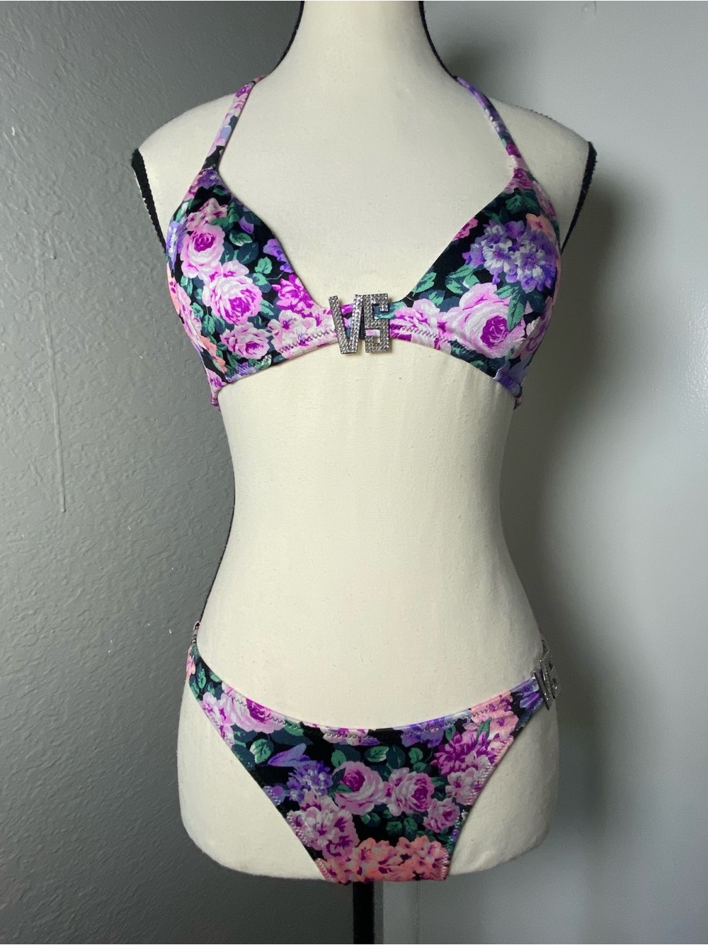 Victoria's Secret Purple & Pink Black Multicolor Floral Rhinestone Bikini Small